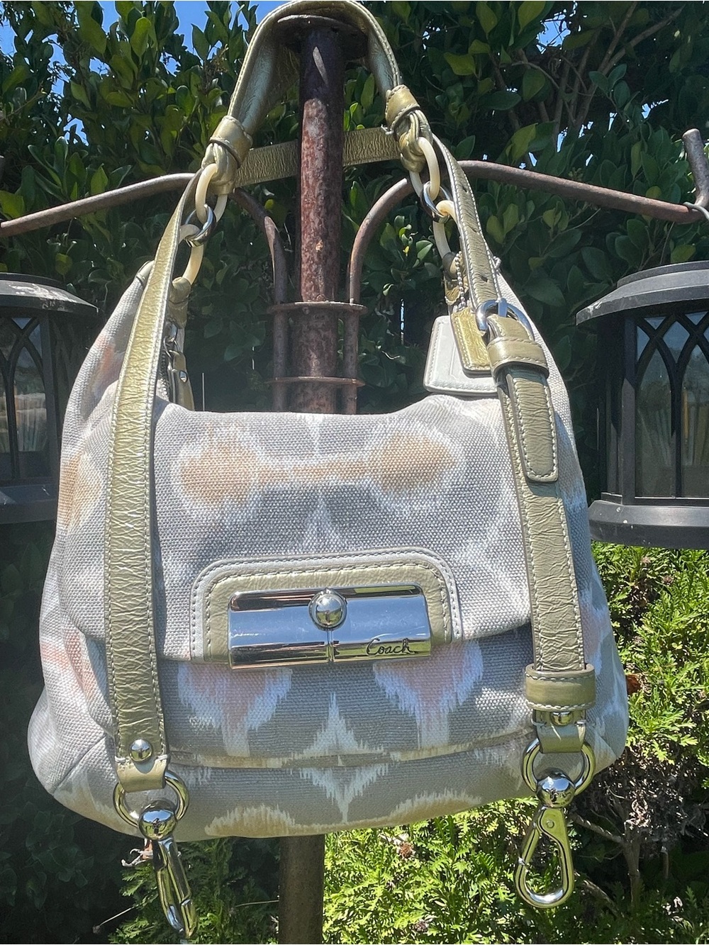 Coach Poppy Ikat Print Canvas Hobo Shoulder Bag Style 16926 Gray Blush